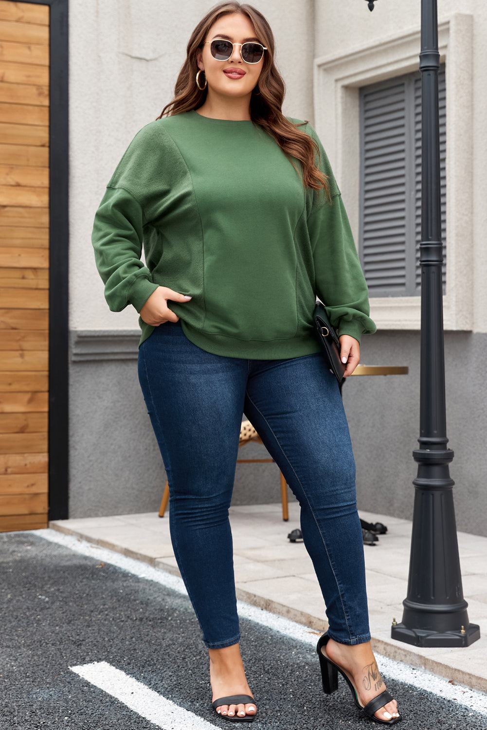 Loose Patchwork Crewneck Plus Size Sweatshirt | Blackish Green