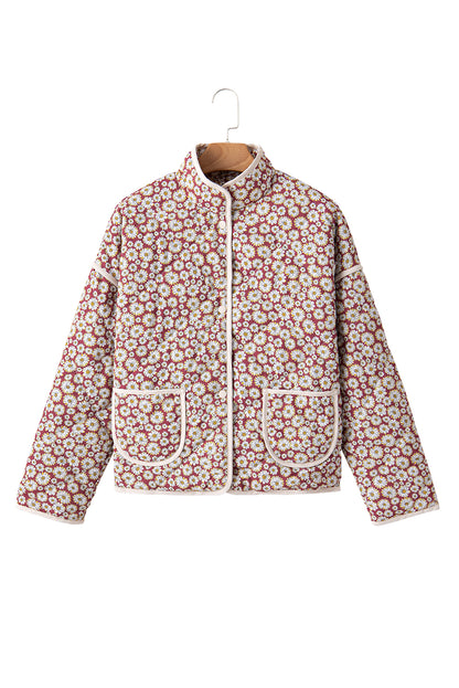 Floral Print Contrast Edge Pocketed Stand Neck Jacket | Pink