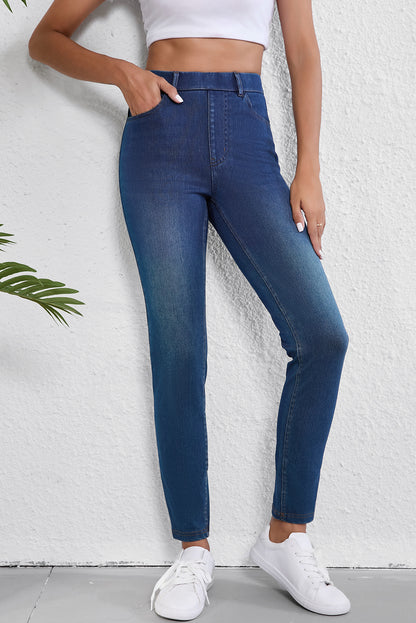 Multiple Pockets Straight Leg Washed Stretchy Knit Casual Jeans | Ashleigh Blue