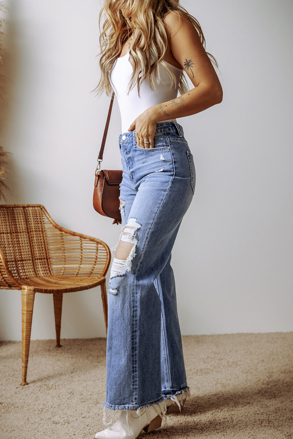 Distressed Raw Hem Straight Leg High Waist Jeans | Ashleigh Blue