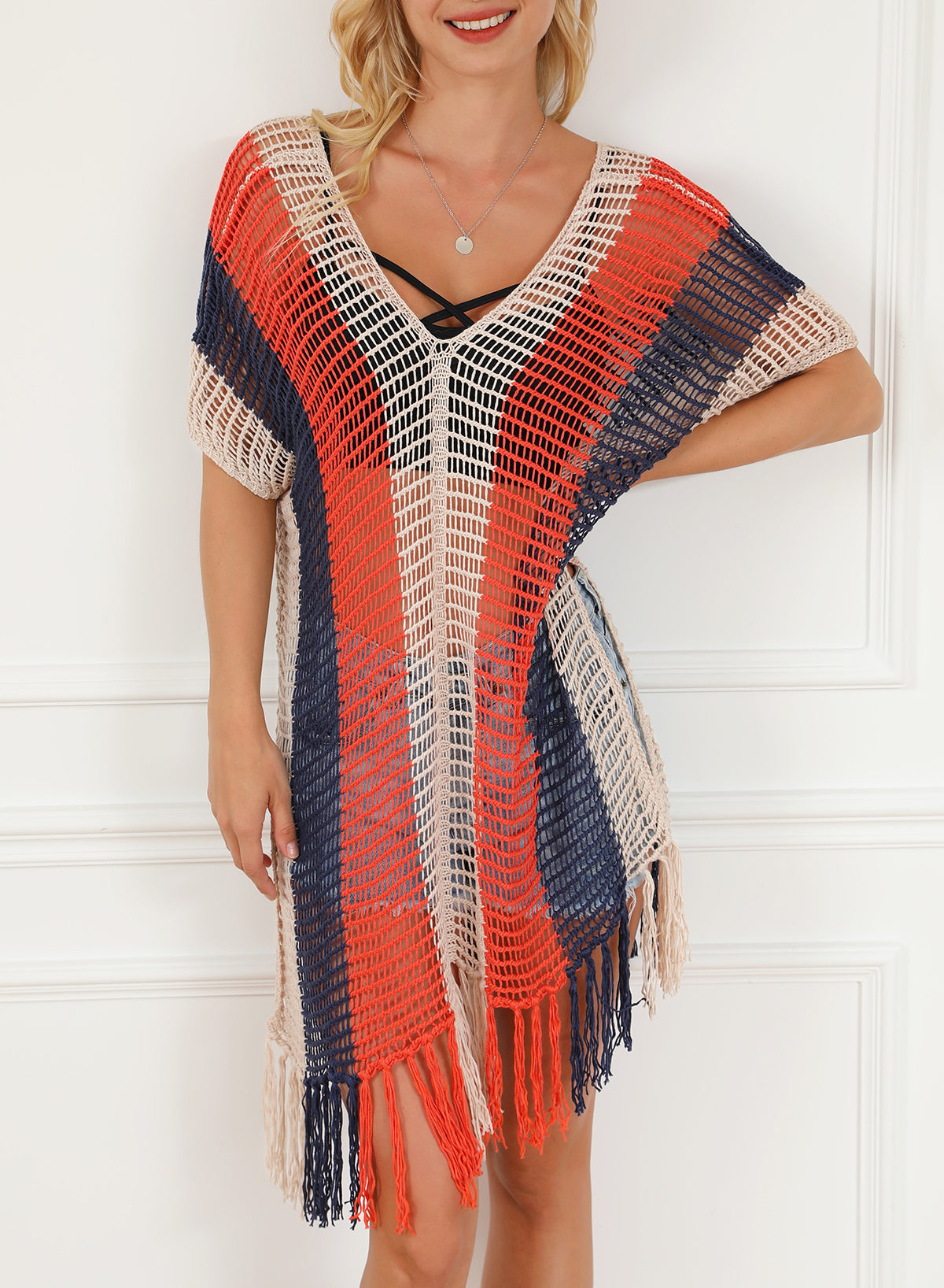 Striped Tassel Crochet V Neck Beach Cover Up | Multicolour