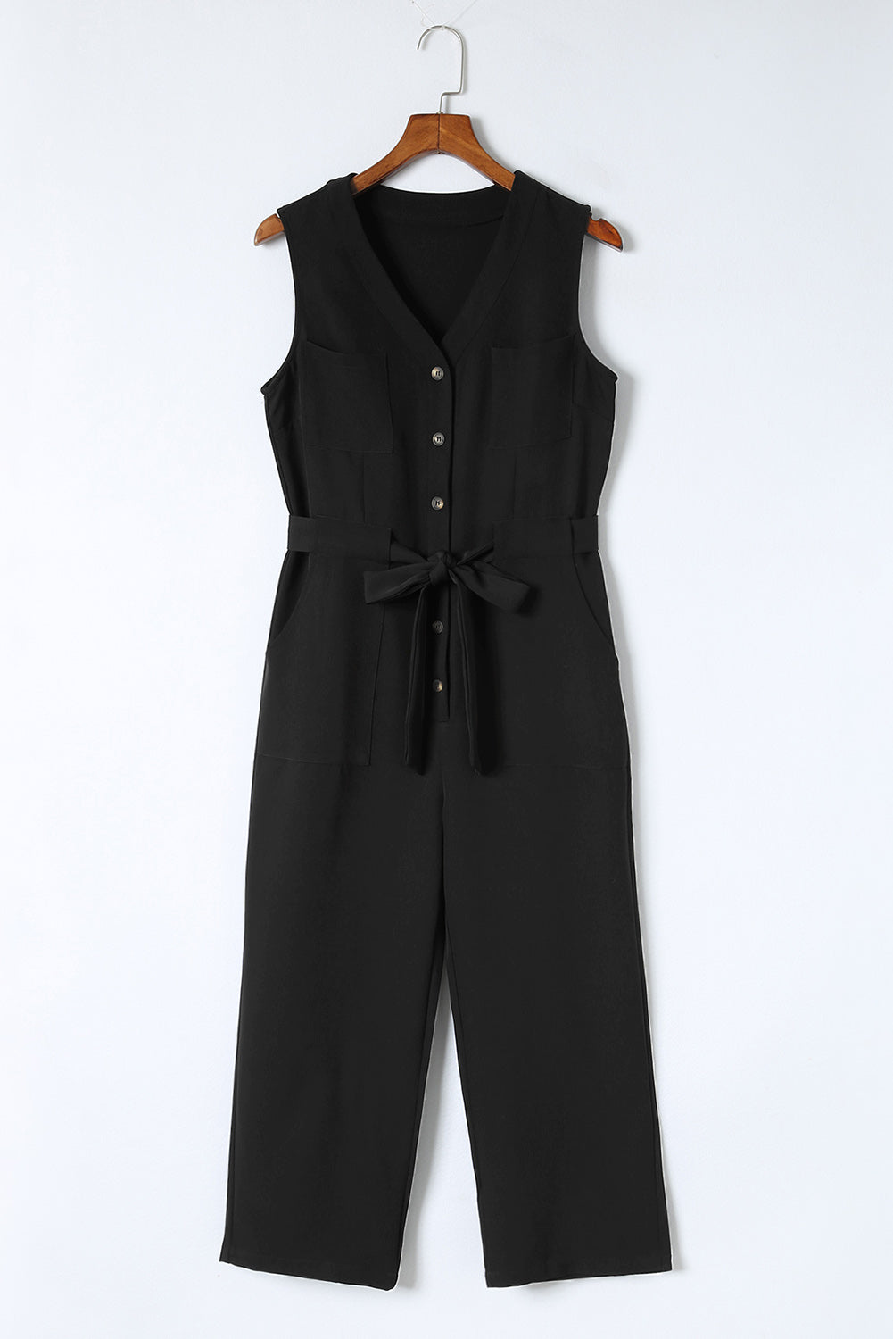 Buttoned Sleeveless Cropped Jumpsuit With Sash | Black