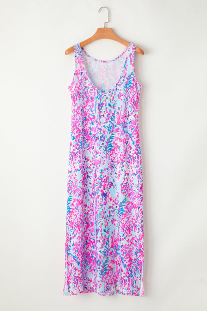 Abstract Floral Print Sleeveless Maxi Dress | Purple