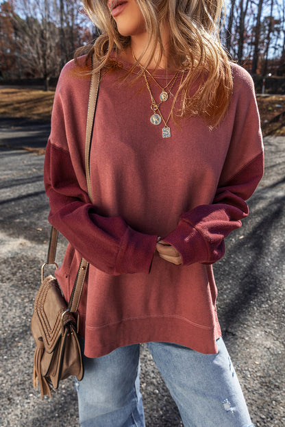 Two Tone Patchwork Drop Shoulder Pullover Sweatshirt | Mineral Red