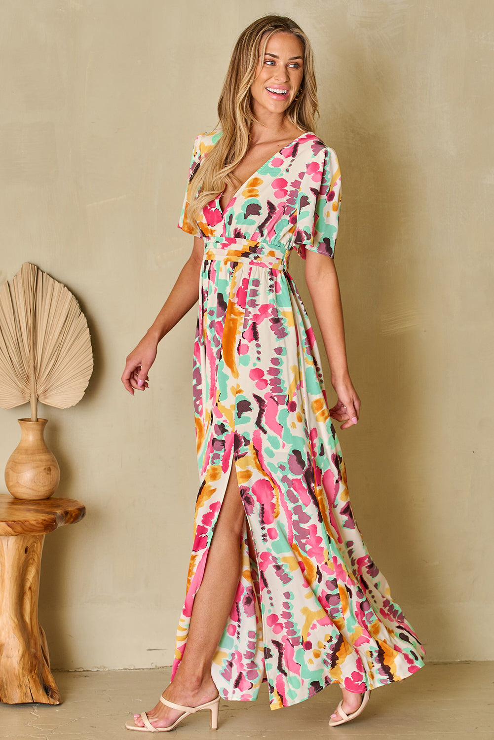 Boho Tie-Dye Print V Neck Maxi Dress | Pink