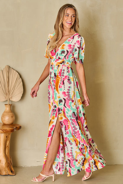 Boho Tie-Dye Print V Neck Maxi Dress | Pink