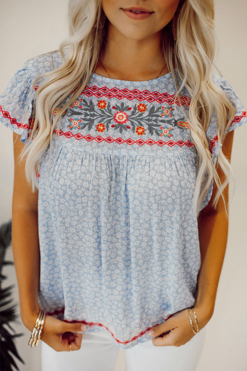 Boho Embroidered Floral Print Flutter Sleeve Blouse | Sky Blue