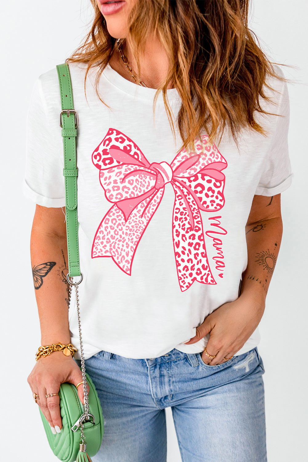 Leopard Bow Graphic Mothers Day Fashion T Shirt | White