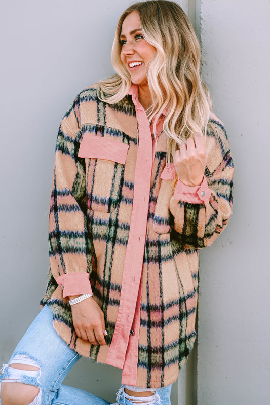 Pink Fuzzy Plaid Corduroy Patchwork Shacket