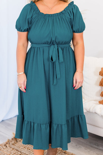 Frilled U Neck Puff Sleeve Belted Ruffle Hem Plus Size Midi Dress | Skobeloff