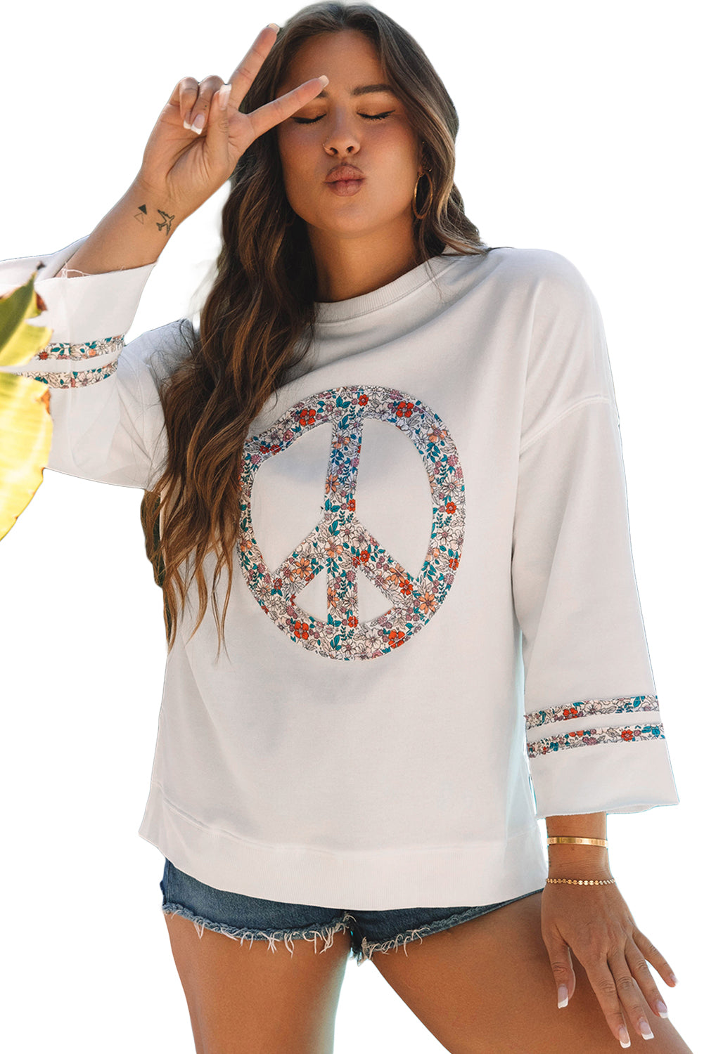 Floral Peace Sign Graphic Drop Shoulder Wide Sleeve Casual Top | Jet Stream