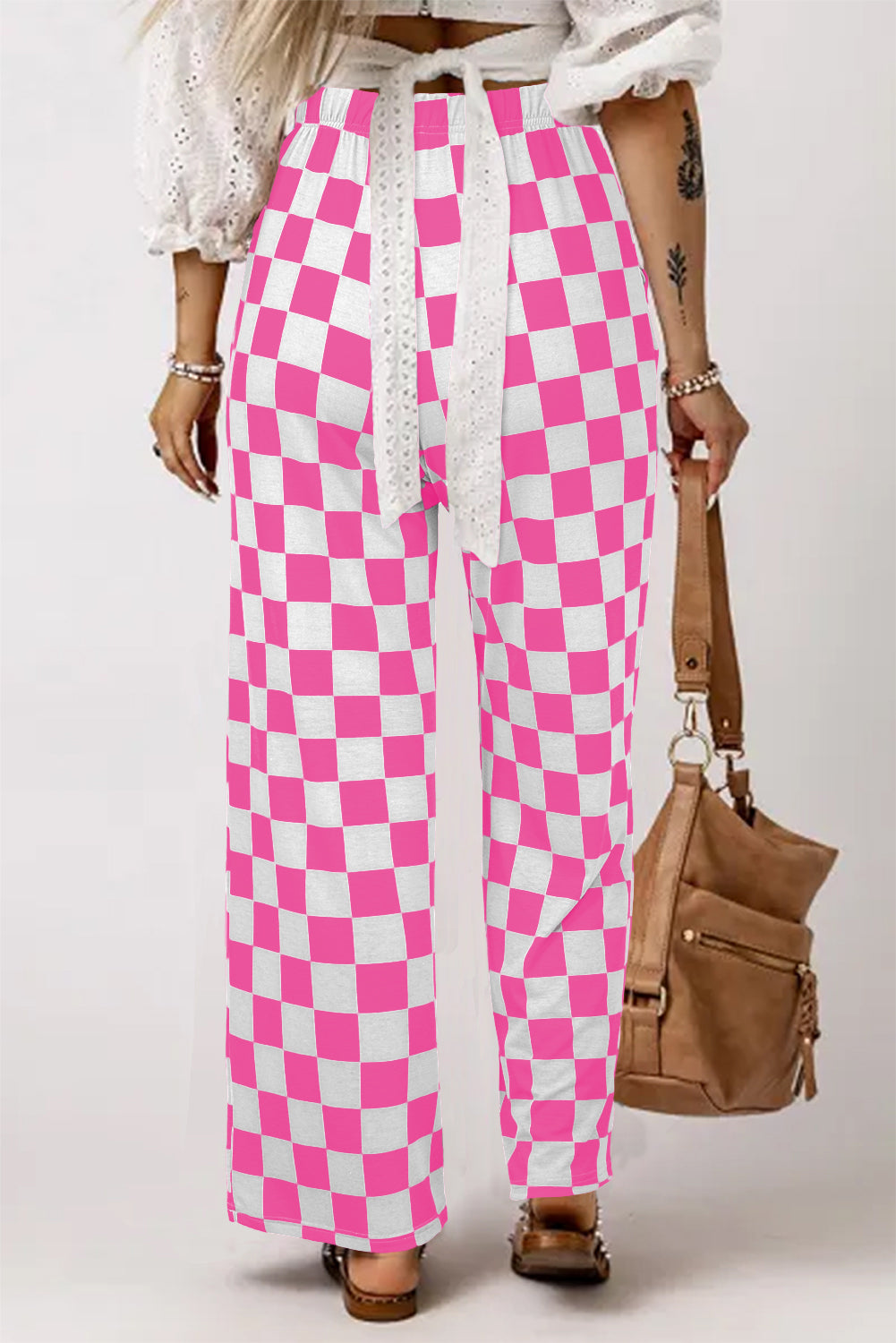 2-Tone Checked Print High Waist Wide Leg Pants | Bonbon