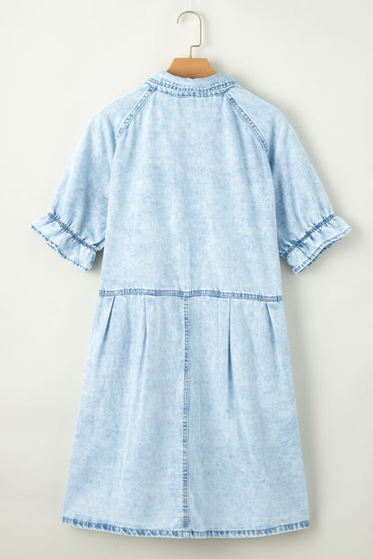 Mineral Wash Ruffled Short Sleeve Buttoned Denim Dress | Beau Blue