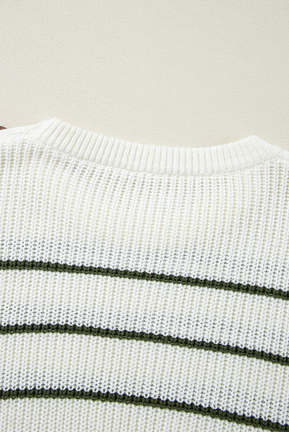 Colour Block Striped Buttoned Shoulder Split Sweater | Green