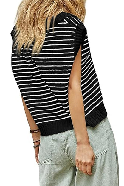 Turn-Down V Neck Sweater Tank Top | Black Stripe