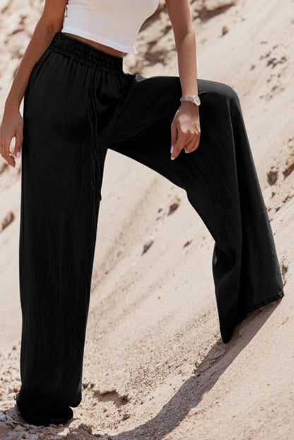 Drawstring High Waist Wide Leg Denim Pants | Black