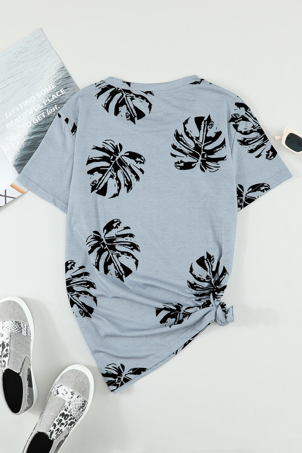 Crew Neck Tropical Plants Print T-Shirt | Gray