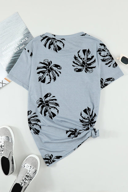 Crew Neck Tropical Plants Print T-Shirt | Gray