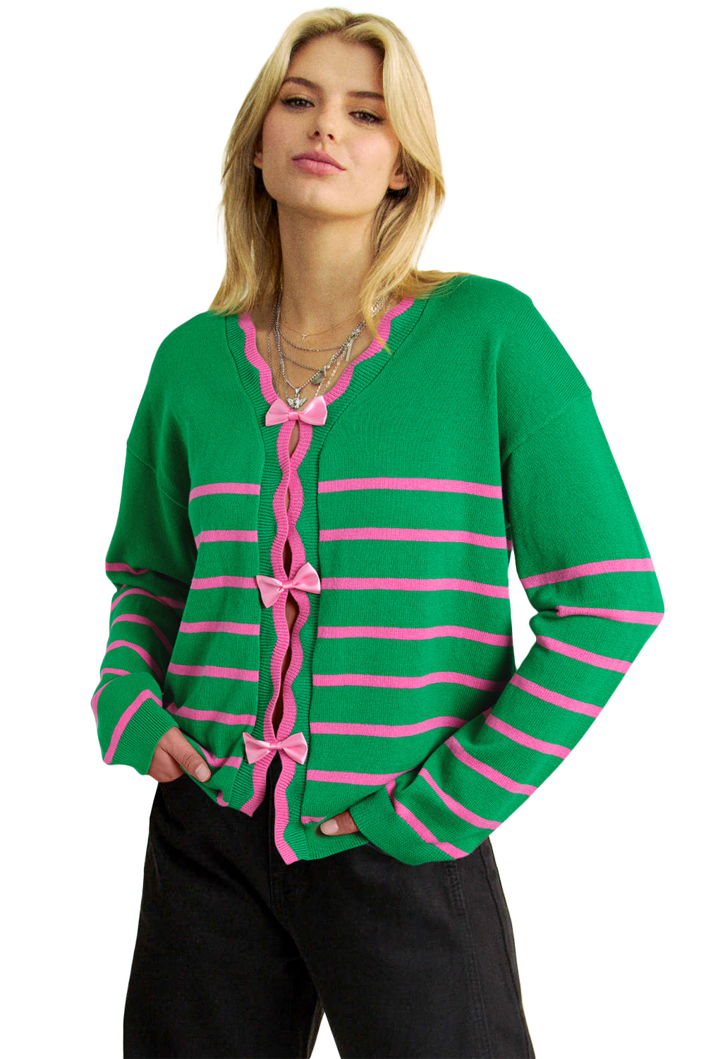 Ribbon Cute Bow Detail Sweater Knit Cardigan | Green Stripe