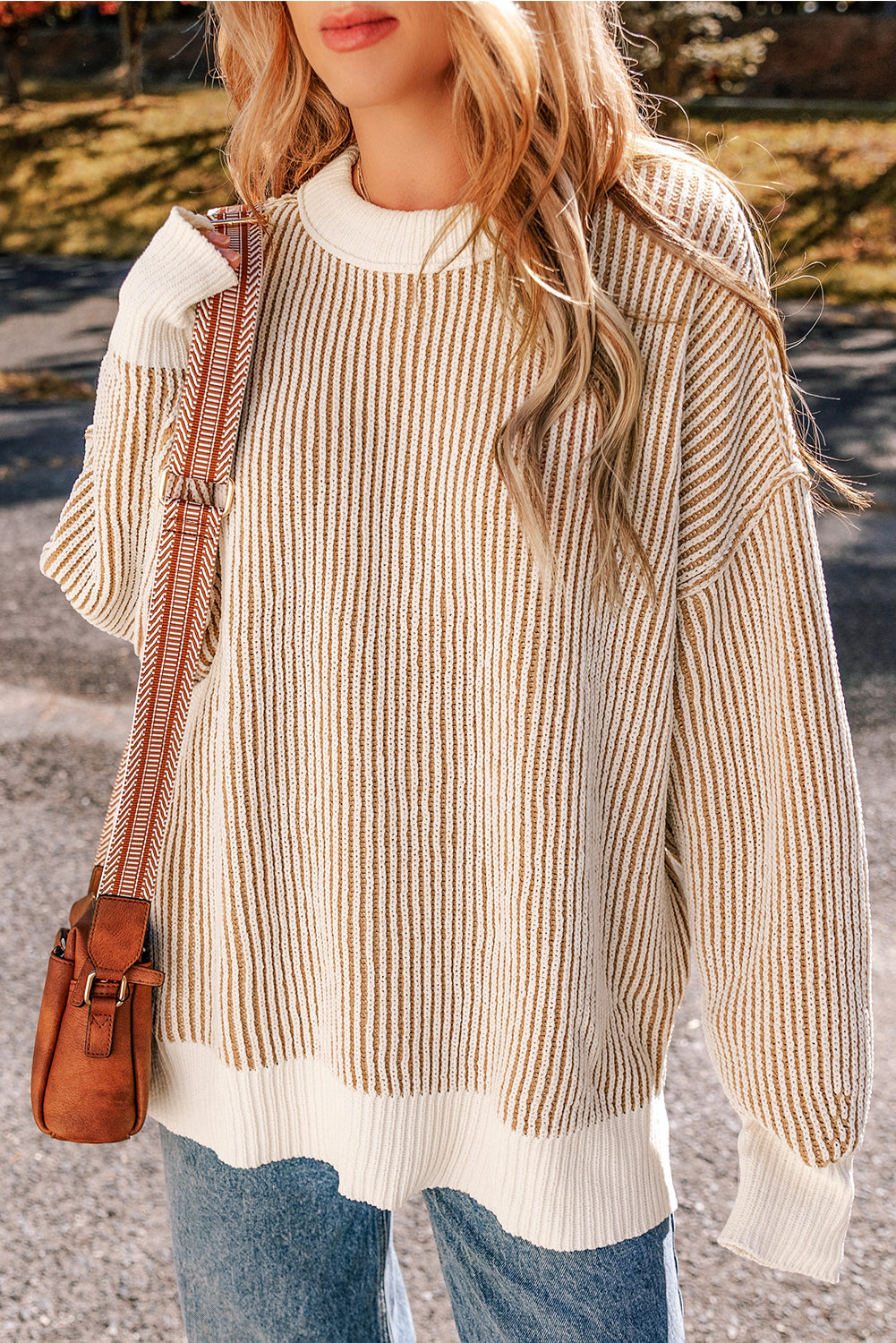 Striped Textured Knit Contrast Edge Loose Sweater | Chestnut