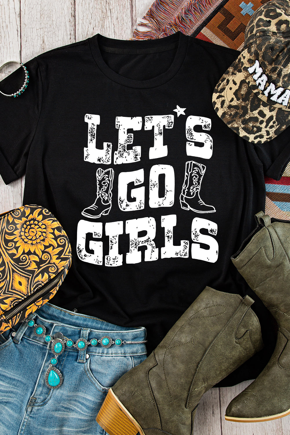 Lets Go Girls Boots Print Crew Neck T Shirt | Black