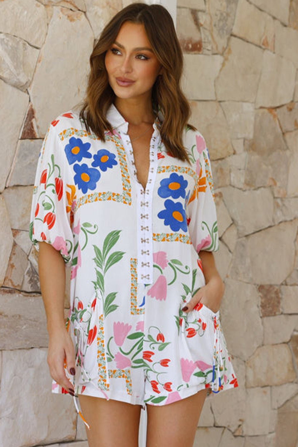 Floral Print Split Neck Pocketed Shirt Collar Romper | White