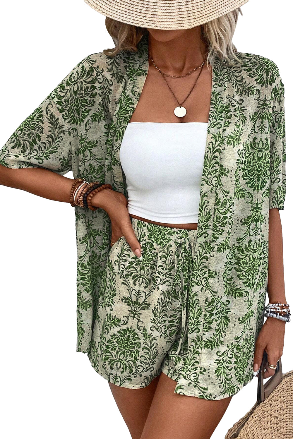 Vintage Floral Print Open Top And Shorts Outfit | Green