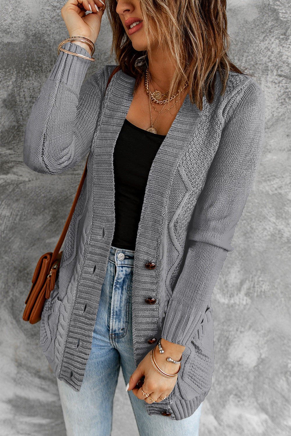 Front Pocket And Buttons Closure Cardigan | Dark Gray