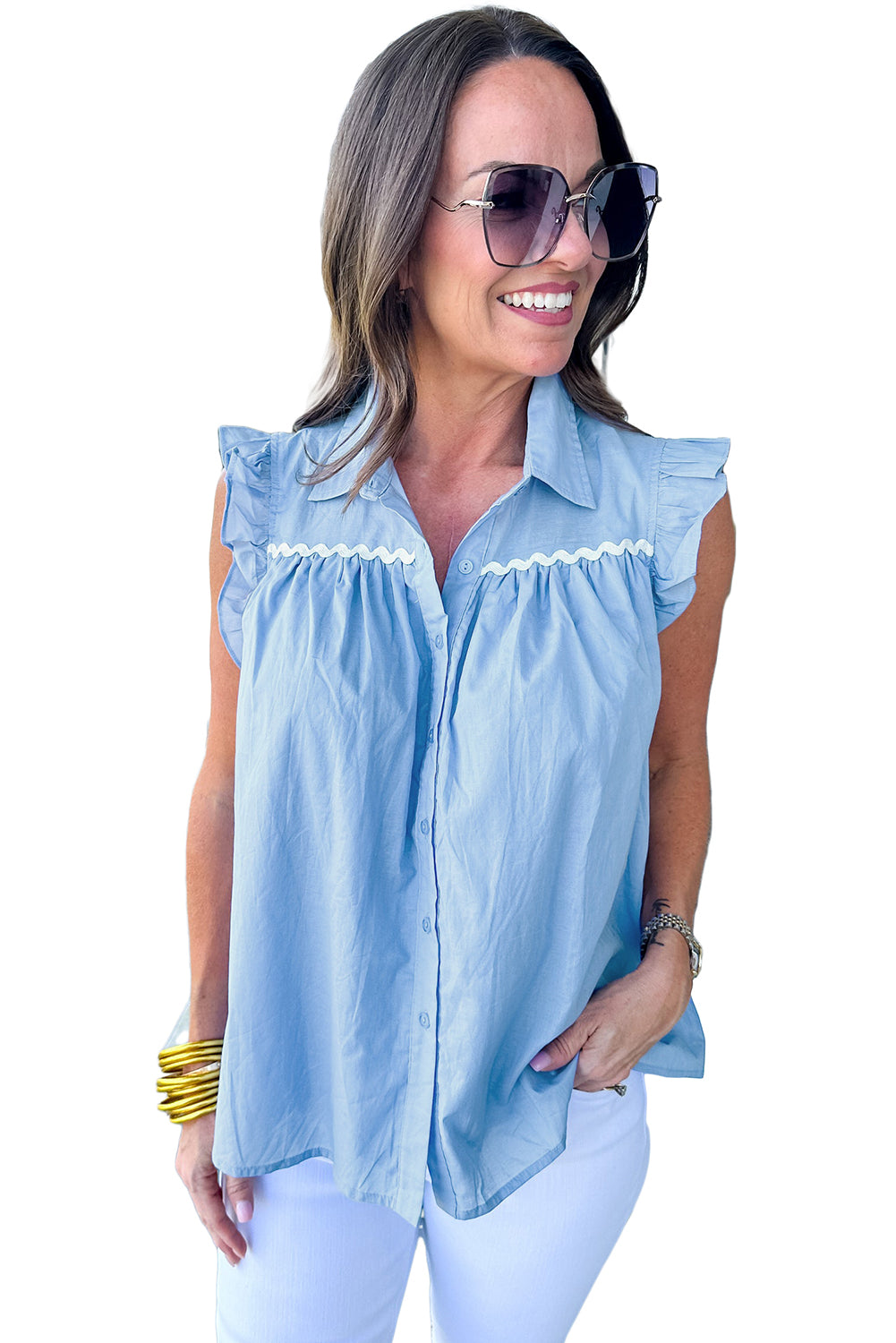 Ric Rac Trim Frilly Sleeveless Shirt | Sky Blue