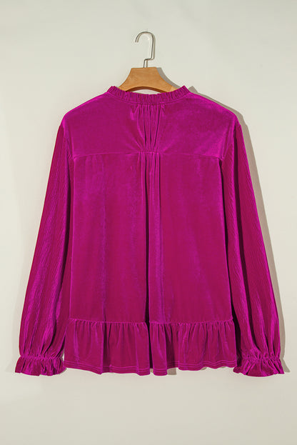 Plus Size Ruffled Sleeve V Neck Velvet Blouse | Bright Pink