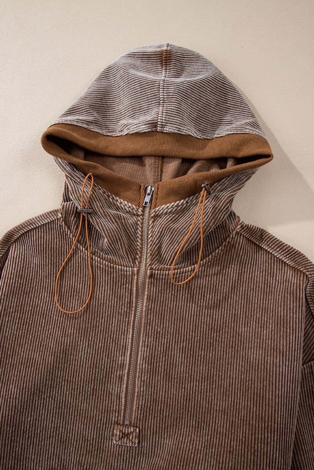 Half Zipper Kangaroo Pocket Drawstring Corduroy Hoodie | Chestnut