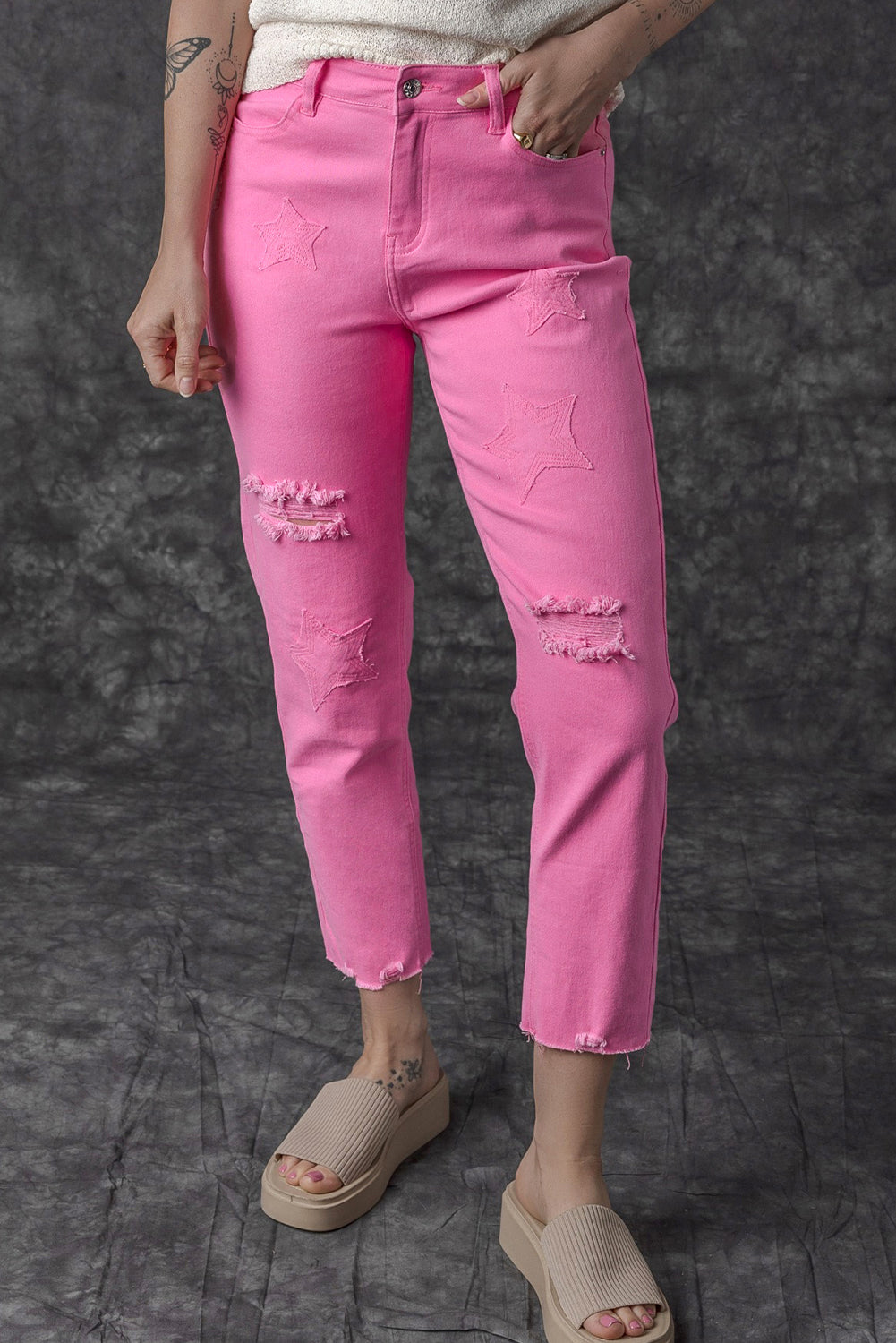 Star Shape Patchwork Mid Waist Straight Leg Jeans | Pink