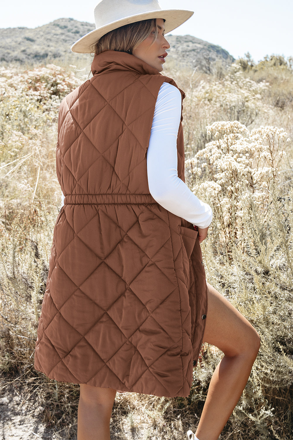 Longline Quilted Stand Collar Puffer Vest | Coffee