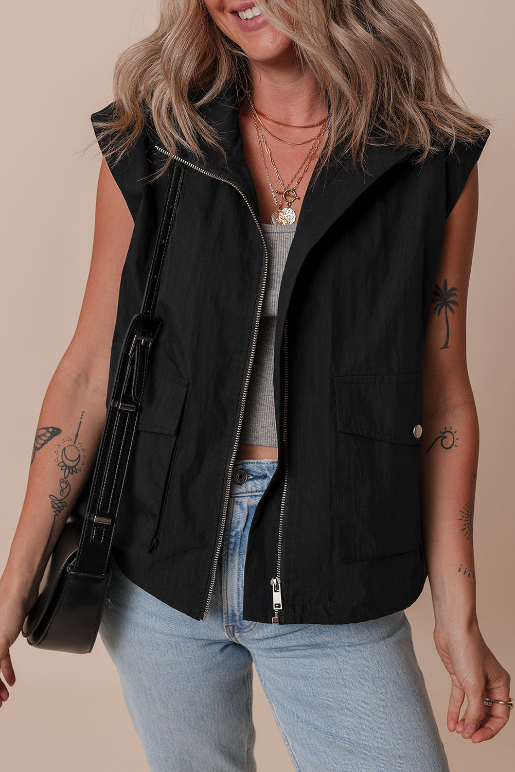 Flap Pockets Zip Up High Neck Vest | Black