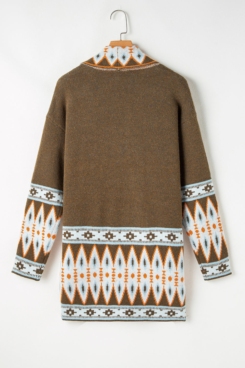 Aztec Print Open Front Knitted Cardigan | Brown