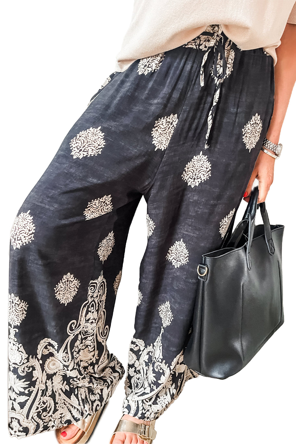 Bohemian Printed Drawstring Waist Wide Leg Pants | Black