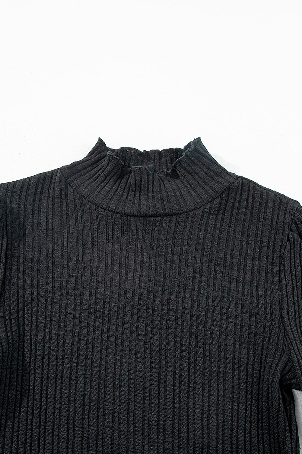 Solid Colour Ruffled High Neck Long Sleeve Top | Black