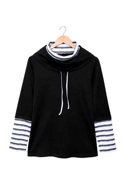 Striped Splicing High Neck Sweatshirt | Black