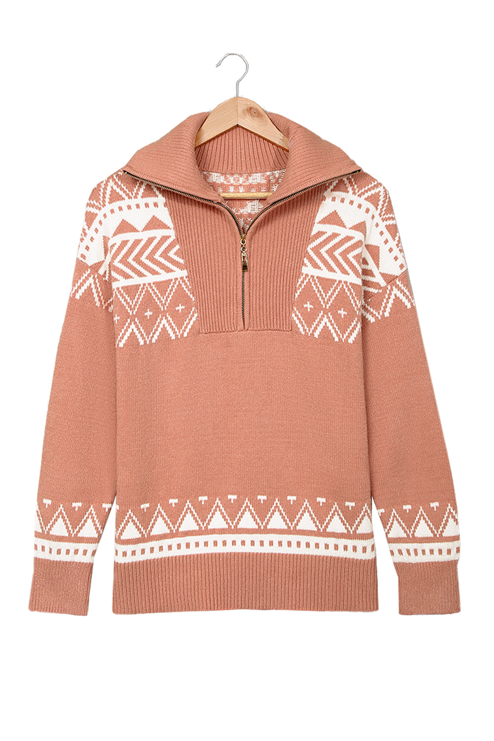 Geometry Knit Quarter Zip Sweater | Pink