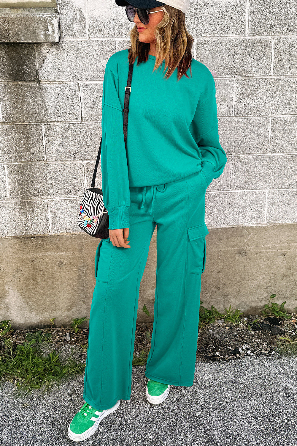 Solid Colour Pullover Top And Cargo Pants Set | Lapis