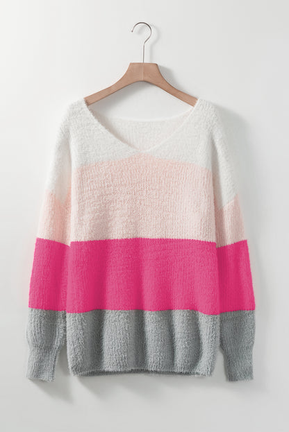 Striped Colour Block Fuzzy V Neck Sweater | Stripes