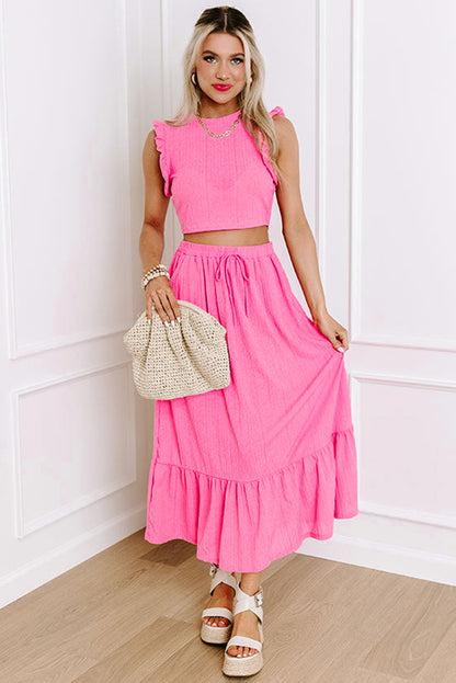 Textured Ruffle Trim Crop Vest Lace-Up Long Skirt Set | Bonbon