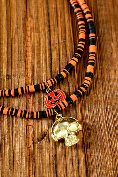 Skull Pumpkin Face Pendant Layered Beaded Halloween Necklace | Russet Orange