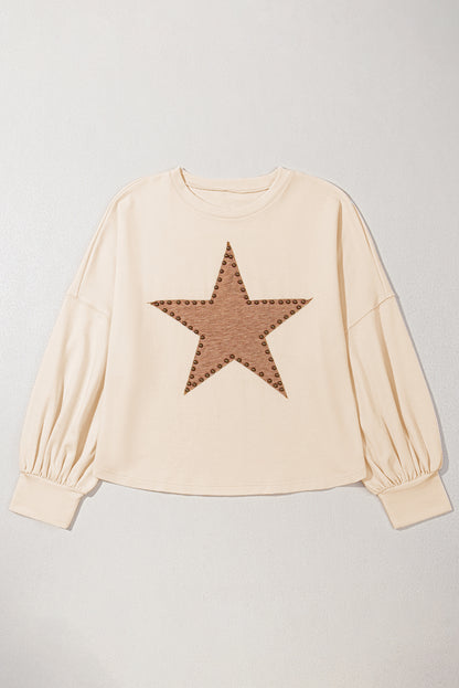 Star Shape Studded Crew Neck Plus Size T Shirt | Beige