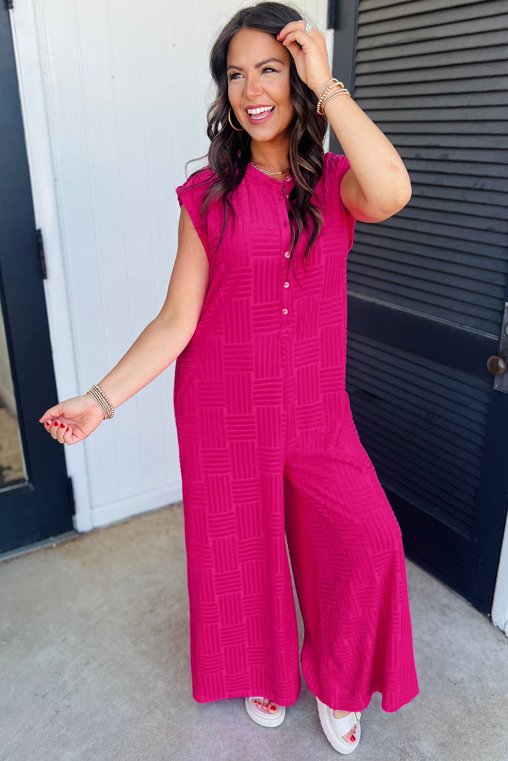 Terry Textured Sleeveless Button Front Wide Leg Jumpsuit | Bright Pink