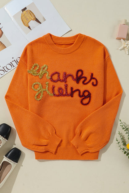 Thanksgiving Tinsel Drop Shoulder Crew Neck Sweater | Russet Orange