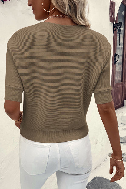 Round Neck Half Sleeve Ribbed Knit Top | Coffee