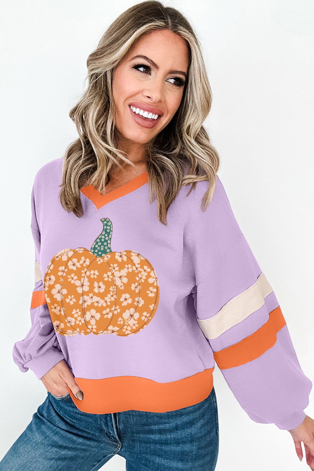 Halloween Floral Pumpkin Colour Block V Neck Sweatshirt | Orchid Bouquet