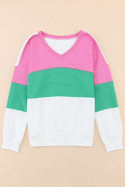 Ribbed V Neck Colour Block Patchwork Sweatshirt | Pink