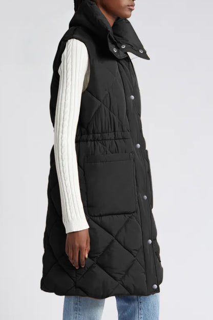 Longline Quilted Stand Collar Puffer Vest | Black